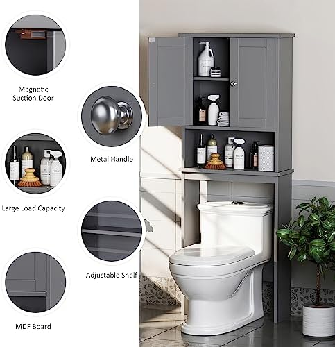 Over the Toilet Storage Cabinet, Bathroom Storage Over Toilet with Two Doors and Adjustable Shelf, Space Saver with Open Shelf, Gray