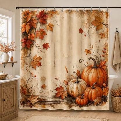 Fall Shower Curtain, Pumpkin Maple Leaves Vintage Wood Bathroom Curtain, Autumn Harvest Farmhouse Thanksgiving Bathroom Decor, Waterproof Polyester Fabric Shower Curtain with Hooks, 72x72 Inch