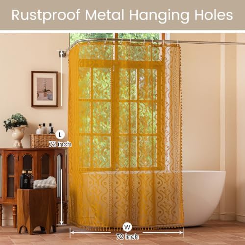 WAZZIO Yellow Lace Shower Curtain for Bathroom 72" W x 72" L, Victorian Farmhouse Floral Pattern Tassel Fancy Shower Curtain Boho Washable Cloth Decorative Bath Curtains,1 Panel