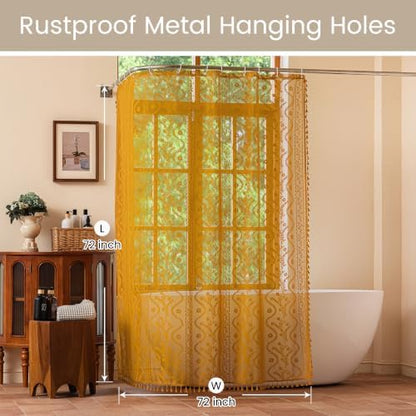 WAZZIO Yellow Lace Shower Curtain for Bathroom 72" W x 72" L, Victorian Farmhouse Floral Pattern Tassel Fancy Shower Curtain Boho Washable Cloth Decorative Bath Curtains,1 Panel
