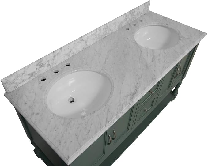 Beverly 60-inch Double Bathroom Vanity (Carrara/Sage Green): Includes Sage Green Cabinet with Authentic Italian Carrara Marble Countertop and White Ceramic Sinks