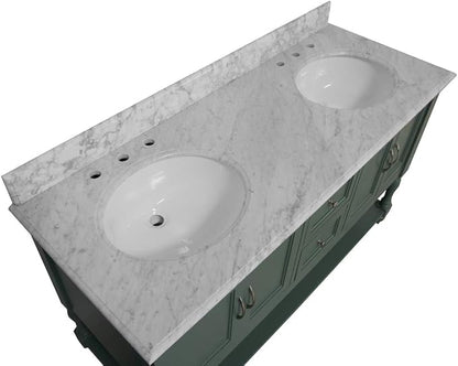 Beverly 60-inch Double Bathroom Vanity (Carrara/Sage Green): Includes Sage Green Cabinet with Authentic Italian Carrara Marble Countertop and White Ceramic Sinks