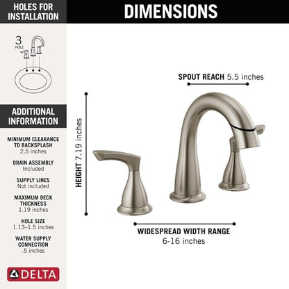 Delta Broadmoor Brushed Nickel Bathroom Faucet with Sprayer, 8 Inch 3 Hole Widespread Bathroom Sink Faucet with Pull Out Sprayer, Push-Pop Drain, SpotShield Stainless 35765LF-SPPD