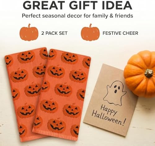2 Pack Halloween Hand Towels 100% Cotton Jacquard ack-O'-Lantern Halloween Kitchen Towels White Bathroom Towels Set Seasonal Bathroom Decor (Orange ack-O'-Lantern)