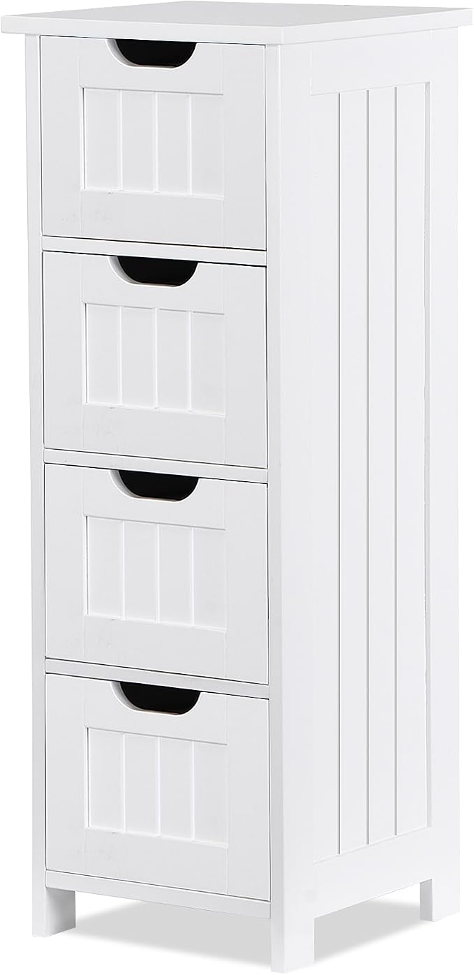 Bathroom Floor Storage Cabinet, Freestanding Wooden Side Organizer w/4 Drawers & Anti-Tip Kit for Bathroom Living Room Hallway Office Study, White