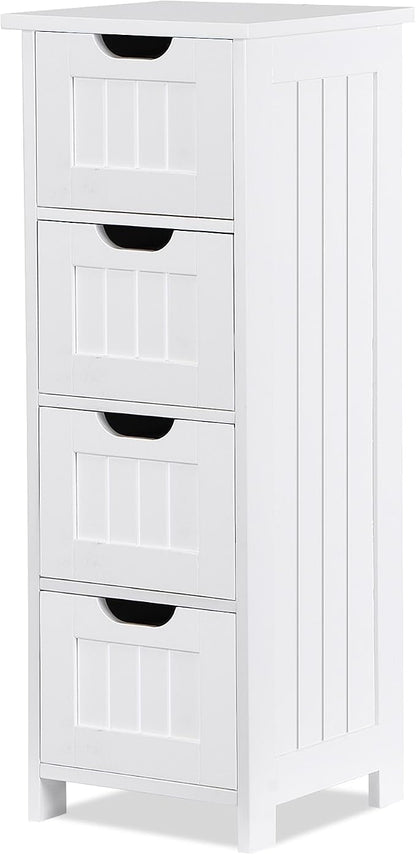 Bathroom Floor Storage Cabinet, Freestanding Wooden Side Organizer w/4 Drawers & Anti-Tip Kit for Bathroom Living Room Hallway Office Study, White