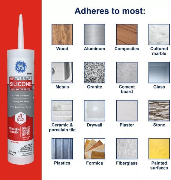 GE Tub and Tile Silicone Caulk for Kitchen and Bathroom -100% Waterproof Silicone Paste, Excellent Flexibility, Shrink and Crack Resistant - 10oz Cartridge, Clear, Pack of 12