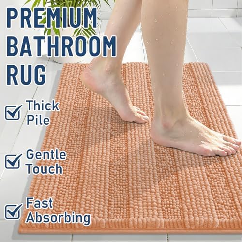 Grandaily Chenille Striped Bathroom Rugs 24x16, Extra Thick and Soft Absorbent Bath Mats, Rubber Backing, Plush Shaggy Shower Carpet, Machine Wash Dry, Bath Rug for Bathroom, Peach