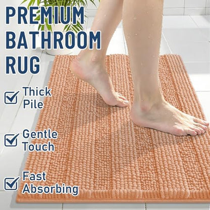 Grandaily Chenille Striped Bathroom Rugs 24x16, Extra Thick and Soft Absorbent Bath Mats, Rubber Backing, Plush Shaggy Shower Carpet, Machine Wash Dry, Bath Rug for Bathroom, Peach