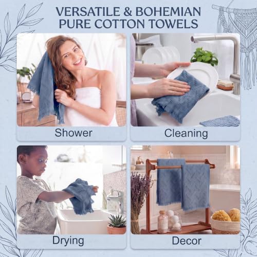 HunnmingRe 4 Pack Boho Hand Towel for Kitchen, Dusty Blue