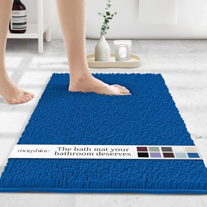 MAYSHINE Small Plush Shaggy Chenille Bath Mat 23"x14" Extra Soft, Super Absorbent, Non-Slip Bathroom Rug | Fluffy Microfiber, Area Rug Sets for Bathroom Floor, Kitchen, Living Room | Dark Blue