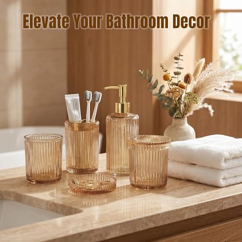 4 Pcs Brown Bathroom Accessories Set, Glass Bathroom Set, Soap Dispenser, Toothbrush Holder, Qtip Holders, Modern Bathroom Decor, Housewarming Gift Set （Amber Brown）