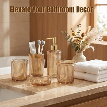 4 Pcs Brown Bathroom Accessories Set, Glass Bathroom Set, Soap Dispenser, Toothbrush Holder, Qtip Holders, Modern Bathroom Decor, Housewarming Gift Set （Amber Brown）
