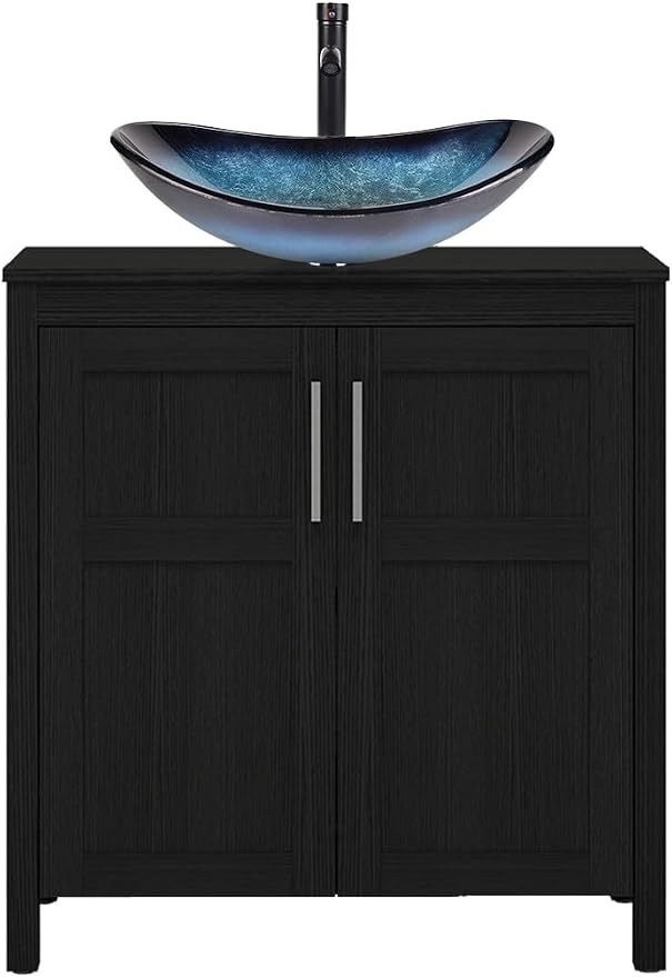 YOURLITE 30" Bathroom Vanity with Sink, Black Bathroom Vanity and Sink Combo with Faucet & Pop Up Drain Set,Traditional Vanity with Blue Glass Bowl Bathroom Sink