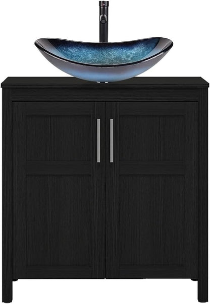 YOURLITE 30" Bathroom Vanity with Sink, Black Bathroom Vanity and Sink Combo with Faucet & Pop Up Drain Set,Traditional Vanity with Blue Glass Bowl Bathroom Sink