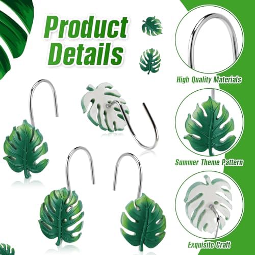 Thyle 12 Pcs Tropical Leaf Shower Curtain Hooks, Hawaiian Resin Ornament Rings Summer Shower Curtain Hooks for Bathroom Bedroom Accessories