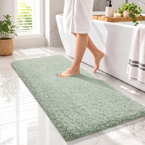 Yimobra Luxury Bathroom Rugs, Fluffy Bath Mats, Non Slip, Water Absorbent Microfiber, Machine Washable, Plush Runner Shower Rugs, Thick Matts for Bathroom Floor&Tub, 56" X 24", Light Green and White