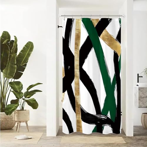 Stall Abstract Sage Green Black Shower Curtain 36Wx72L Inch Half Small Line Minimalist Contemporary Modern Simple Art Bathroom Set Accessories Decor with Plastic Hooks