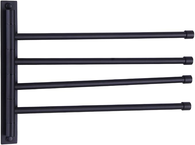 GERZWY Swivel Towel Bar SUS 304 Stainless Steel 4-Arm Bathroom Swing Hanger Towel Rack Holder Storage Organizer Space Saving Wall Mount Matte Black HYG04-BK