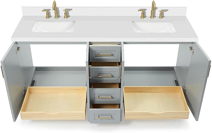 DKB Emilia 72 Inch Bathroom Vanity Double Sink — Grey Bathroom Vanity with Sink, 1.5" Edge Pure White Quartz Countertop & Backsplash, 4 Soft-Close Doors, and 6 Dovetail Drawers