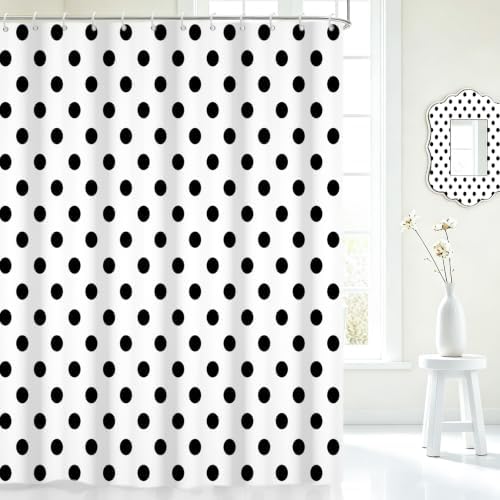 Polka Dots Shower Curtain, Black White Waterproof Fabric Shower Curtain for Bathroom with Modern Abstract Geometric Circle Bath Curtain Decor with Hooks, Machine Washable, 65''Wx72''L