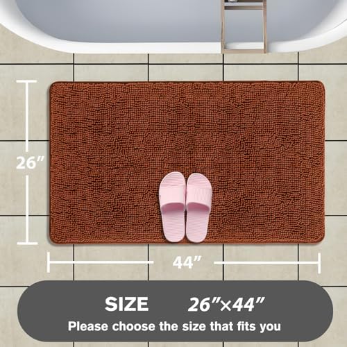 Rust Bathroom Rugs – Absorbent and Washable Bath Mat, Non-Slip, Thick Soft Chenille Bath Rugs for Bathroom Floor, Shower, Sink - 26" x 44"