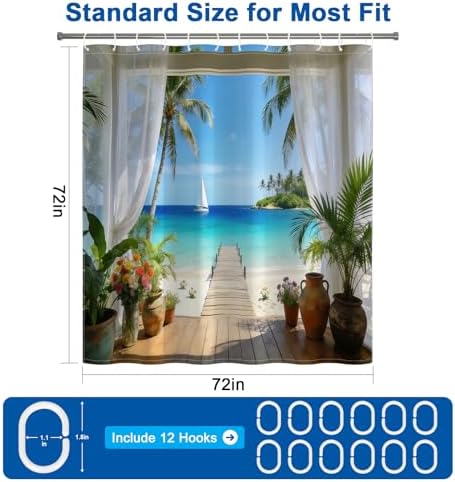 Summer Seaside Shower Curtain Set with Hooks, Tropical Ocean Scenery Weighted-Bottom Fabric Shower Curtains for Bathroom, Waterproof Machine Washable Coastal Shower Curtain, 72x72 Inch