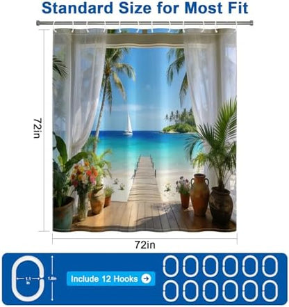 Summer Seaside Shower Curtain Set with Hooks, Tropical Ocean Scenery Weighted-Bottom Fabric Shower Curtains for Bathroom, Waterproof Machine Washable Coastal Shower Curtain, 72x72 Inch