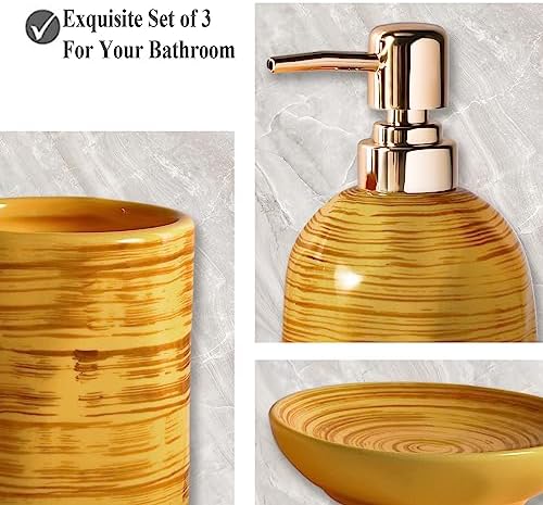 Bathroom Accessories Set, 3 Pcs Marble Look Bath Set Soap Dispenser & Toothbrush Holder Set, Counter Top Restroom Apartment Decor Stuff, Ceramic Kits, Unique Gift, Yellow