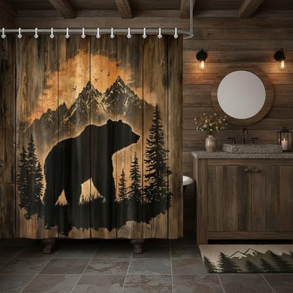 Rustic Cabin Shower Curtain for Bathroom, Forest Bear Wooden Bath Curtains, Wildlife Country Hunting Camping Waterproof Fabric Bathroom Curtain Accessories Set with Hooks,70X85IN