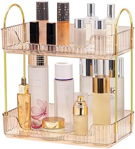 Akinbas 2 Tier Bathroom Organizer Countertop Makeup Perfume Tray Skincare Organizer for Bathroom Dresser Vanity (Gold)