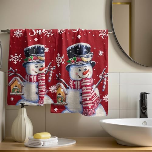 Red Christmas Hand Towels Set of 2, 28x14 Inch Winter Snowman Snow Xmas Absorbent Microfiber Soft Washcloths Guest Face Tea Towel for Kitchen Bathroom Home Hotel Gym Spa