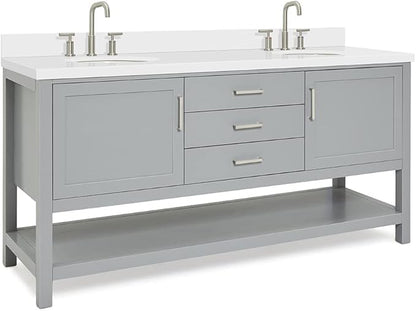 ARIEL Bayhill 72-inch Bathroom Vanity with Sink,Solid Wood, 1.5-inch Pure White Quartz Countertop & Backsplash, Double Oval Porcelain Sink, 2 Soft Closing Doors, 3 Dovetail Drawers, Grey