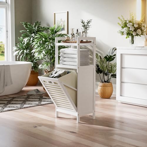 HITNET Bamboo Tilt Out Hamper, 10 Gal Bathroom Laundry Cabinet with Hidden Foldable Basket, Freestanding Clothes Storage Organizer with Storage Shelf, White
