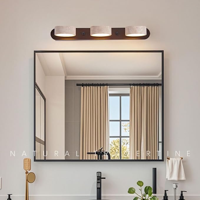 Yellow Travertine Vanity Light, 19.69" Wabi Sabi Modern Wooden Bathroom Light 360° Rotatable Natural Stone Lampshade Wall Lighting Fixture Over Mirror for Bathroom Farmhouse Home Decor 3 Lights