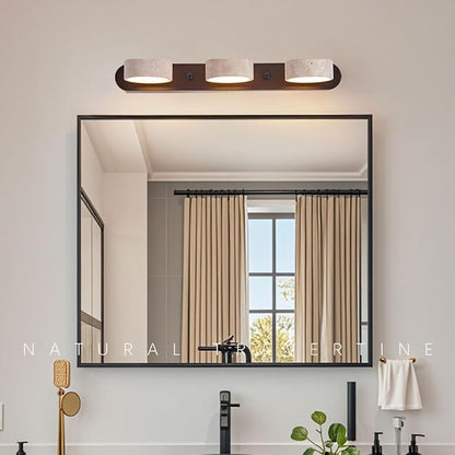 Yellow Travertine Vanity Light, 19.69" Wabi Sabi Modern Wooden Bathroom Light 360° Rotatable Natural Stone Lampshade Wall Lighting Fixture Over Mirror for Bathroom Farmhouse Home Decor 3 Lights