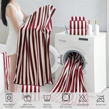 18 Pcs Red Stripe Bath Towel Set with Hanging Loop-6 Bath Towels,6 Hand Towels,6 Washcloths Soft Family Towels Set Bathroom Towel Highly Absorbent Quick Dry Shower Towel for Beach Chair Spa Gym Hotel