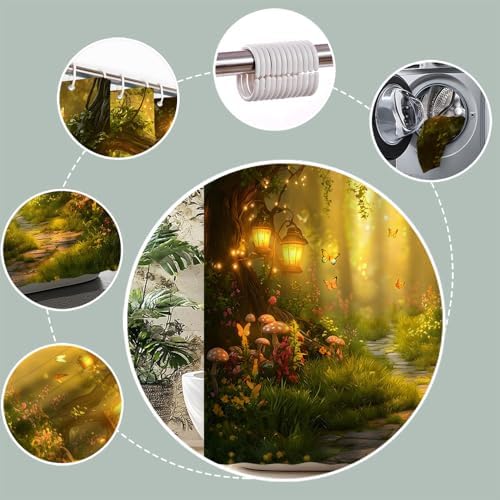 Fantasy Forest Path Shower Curtain Yellow Fairy Magical Enchanted Misty Jungle Mushroom Floral Tree Butterfly Lantern Wonderland Bath Curtain Fabric Bathroom Accessories Decor with Hooks 70W x70L