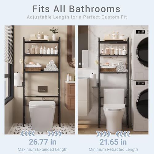 Over the Toilet Storage Shelf 3-Tier Adjustable Bathroom Organizers and Storage Shelves Bathroom Rack Above Toilet Storage with Paper Holder and 4 Hooks Space Saver Storage for Laundry