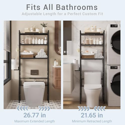 Over the Toilet Storage Shelf 3-Tier Adjustable Bathroom Organizers and Storage Shelves Bathroom Rack Above Toilet Storage with Paper Holder and 4 Hooks Space Saver Storage for Laundry