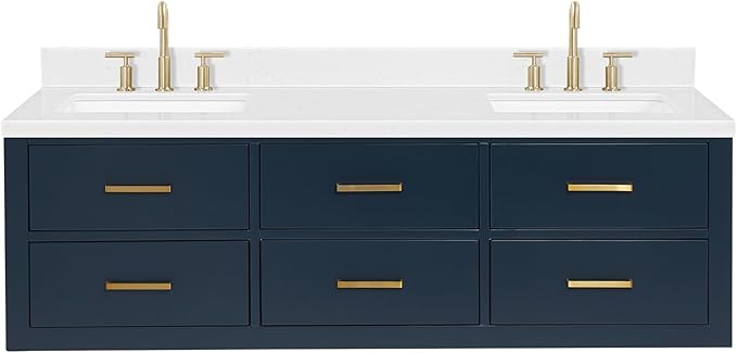 ARIEL Hutton 60-inch Bathroom Vanity with Sink,Solid Wood, 1.5-inch Carrara White Quartz Countertop & Backsplash, Double Rectangular Porcelain Sink, 3 Dovetail Drawers, Midnight Blue
