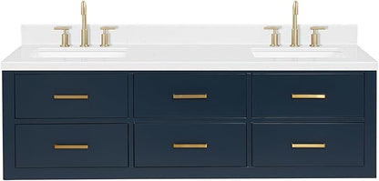 ARIEL Hutton 60-inch Bathroom Vanity with Sink,Solid Wood, 1.5-inch Carrara White Quartz Countertop & Backsplash, Double Rectangular Porcelain Sink, 3 Dovetail Drawers, Midnight Blue