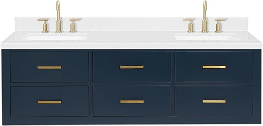 ARIEL Hutton 60-inch Bathroom Vanity with Sink,Solid Wood, 1.5-inch Carrara White Quartz Countertop & Backsplash, Double Rectangular Porcelain Sink, 3 Dovetail Drawers, Midnight Blue