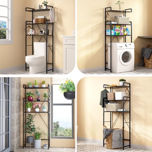 Huhote Over-The-Toilet Storage Rack with 3-Tier Shelves, Space Saver Toilet Shelf, Bathroom Storage Organizer with Hooks for Over-Toilet Storage (Black)
