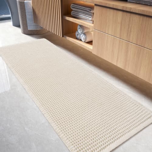 tchdio Waffle Bath Mat-Runner Rug, Super Absorbent Non Slip Bath Mats for Bathroom Machine Washable Long Rugs with Tassels, Bath Rugs for Bathroom Floor Beside Tub, 2' x 6'(24" x 72"), Pale Beige