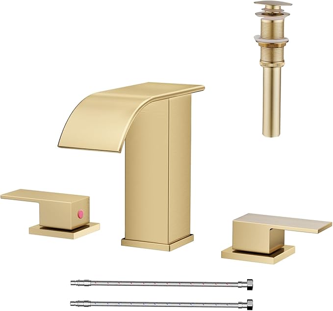 Waterfall Bathroom Faucet 3 Hole, Brushed Gold 8 Inch Widespread Modern 3 Piece Bathroom Sink Faucet, Touch On Lavatory Faucet for Vanity RV Restroom, Curved Spout