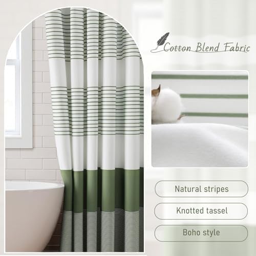 Sage Green Boho Cotton Striped Shower Curtain with Tassel 72"W X 72"L