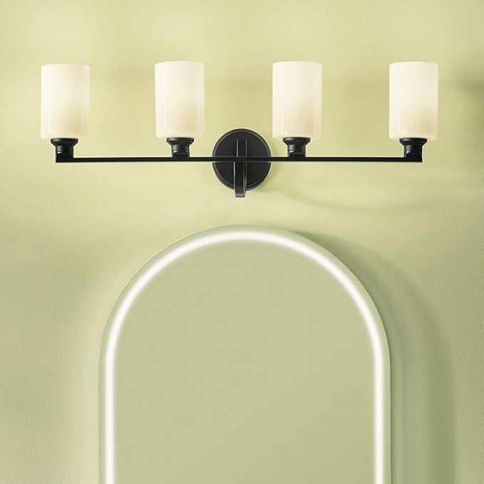 Kichler Gioe 32.25" 4-Light Vanity Light with Opal Glass in Black, Damp Rated, for Bathroom, Powder Room, Over a Mirror, (32.25" W x 10.5" H), 55227BK