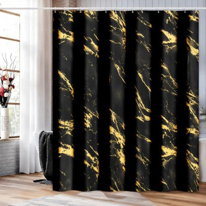 Black and Gold Shower Curtain 72 x 84 Inch, Extra Long Black Marble Shower Curtain, Modern Fabric Shower Curtains for Bathroom, Water Resistant Bath Curtain Set with Hooks, Black Gold Texture