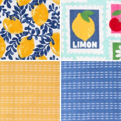 Ritz 4-Piece Kitchen Towel Set, Citron Vine & Summer Fruit Stamp Prints with Yellow & Blue Textured Terry, 100% Cotton & Absorbent Blend, 16" x 26", Vintage Mediterranean Fruit Kitchen Decor